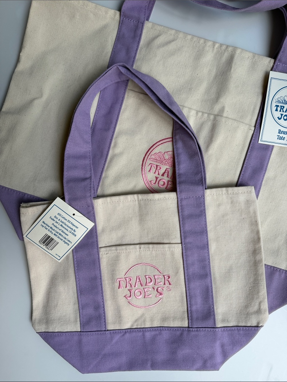 Trader Joe’s Canvas Large and Mini Tote Bag Set- Cream with Lavender Handles - Picture 2 of 7
